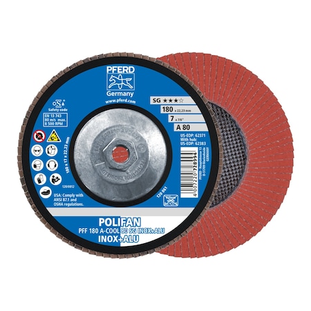 Pferd 7" x 5/8-11 Thd. POLIFAN Flap Disc - A-COOL SG INOX+ALU, Aluminum oxide, 80 Grit, Flat 62383